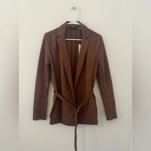 Tahari Jackets & Blazers - Tahari Notched Collar Open Front Long Sleeve Ring Style Belt Jacket Cognac NWT 4